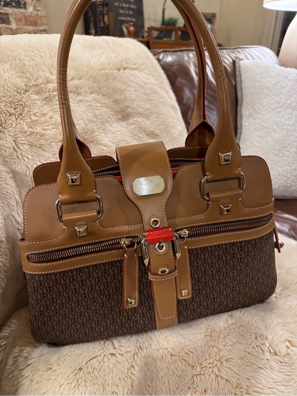 Tan and Brown Patterned Satchel Handbag with Red Accent - Picture 1 of 4
